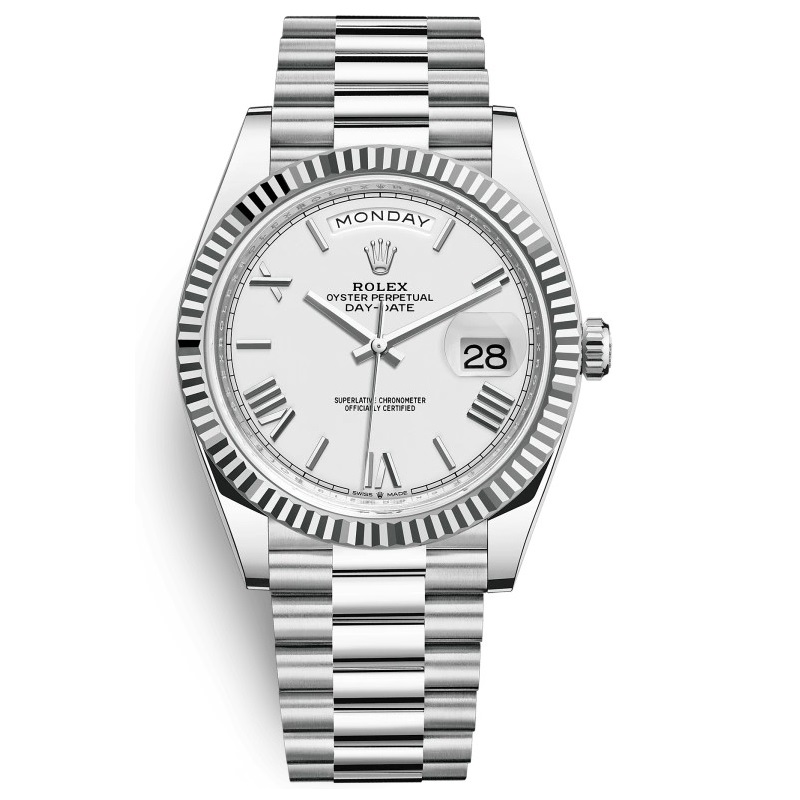 Rolex Day-Date 40 Platinum - Fluted / White - Roman